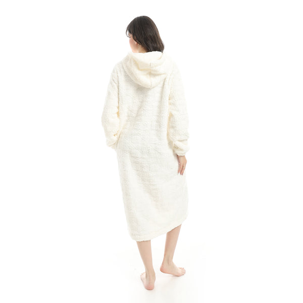 White_Hooded_Textured_Velvet_Sleepshirt-White