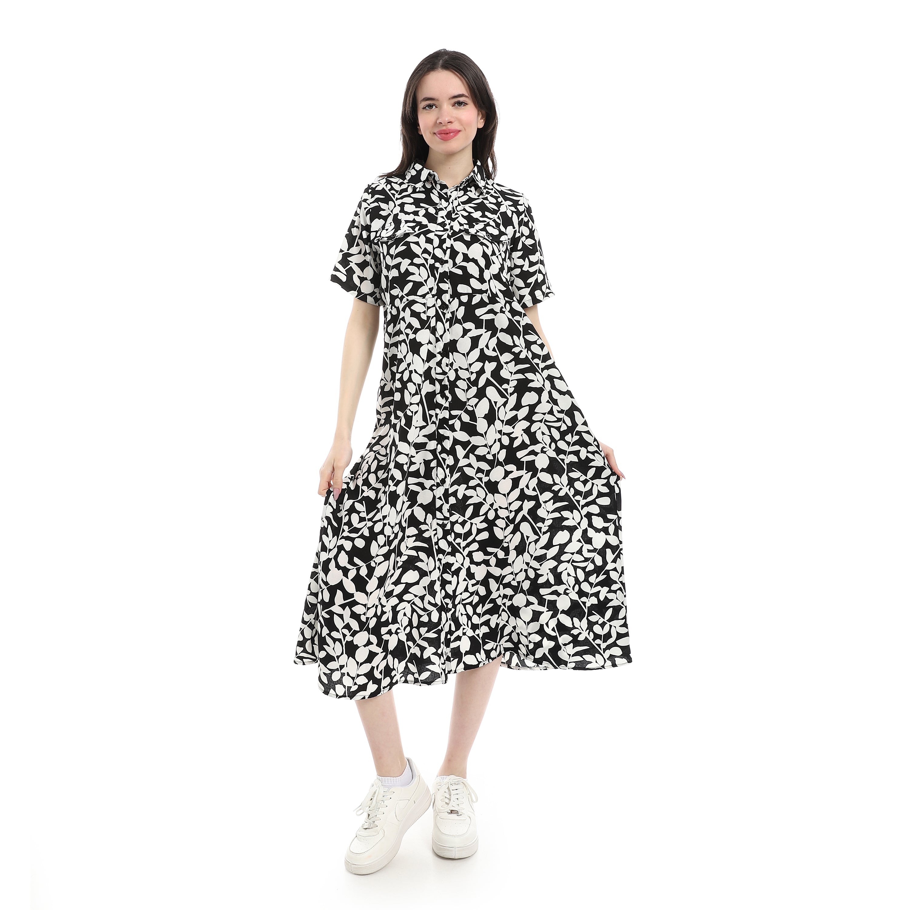 Patterned_Short_Sleeve_Women_Dress_-_Black_&_White