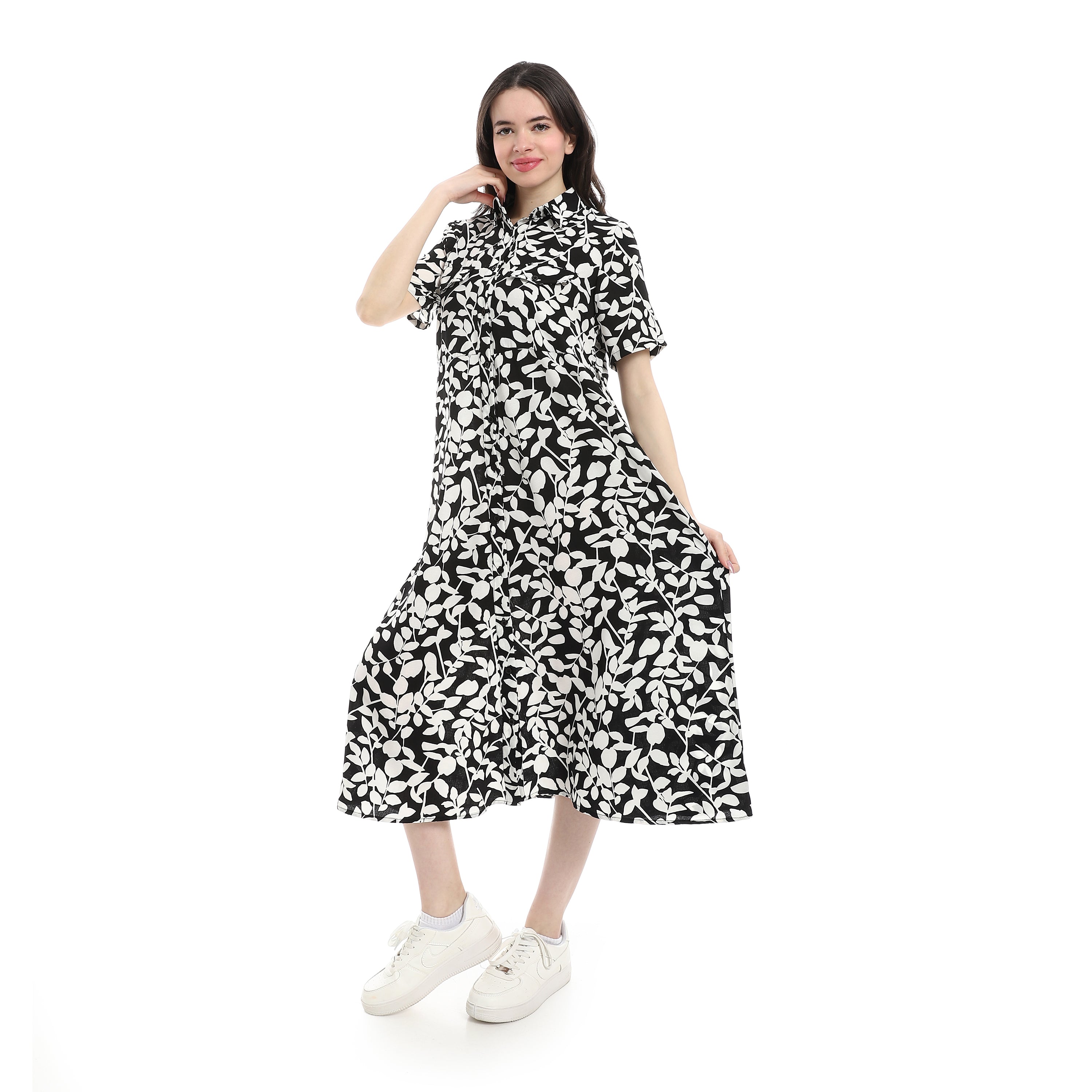 Patterned_Short_Sleeve_Women_Dress_-_Black_&_White