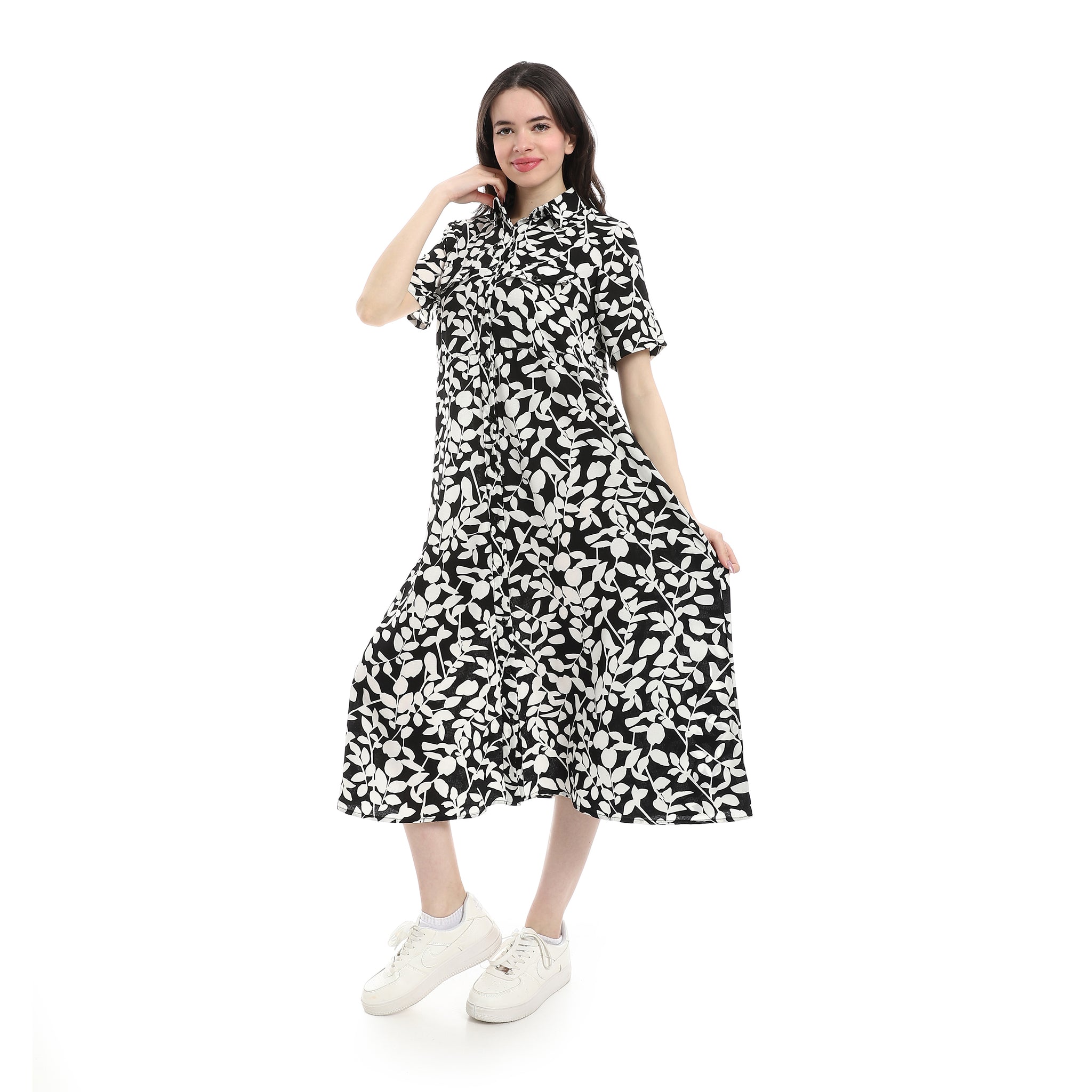 Patterned_Short_Sleeve_Women_Dress_-_Black_&_White