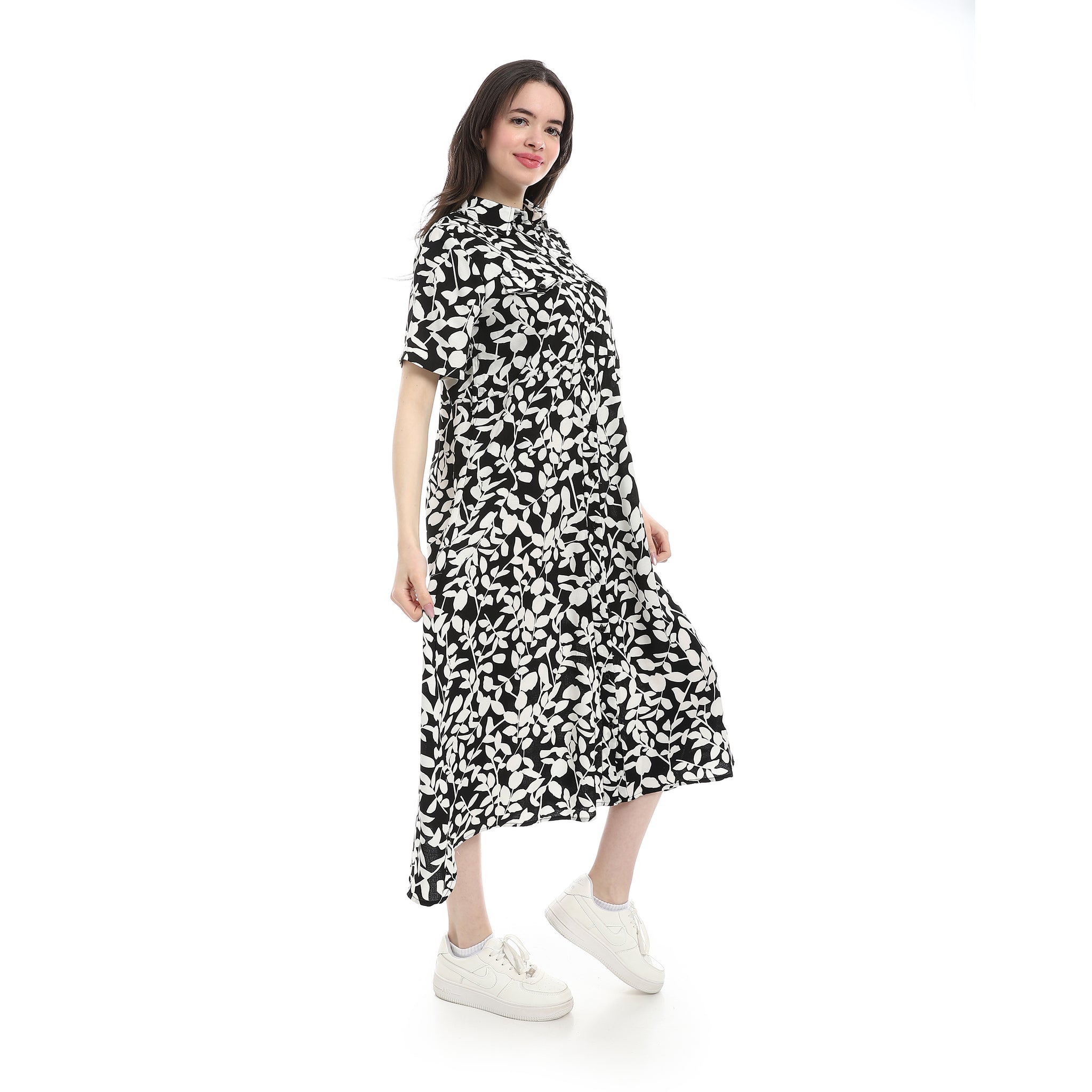 Patterned_Short_Sleeve_Women_Dress_-_Black_&_White