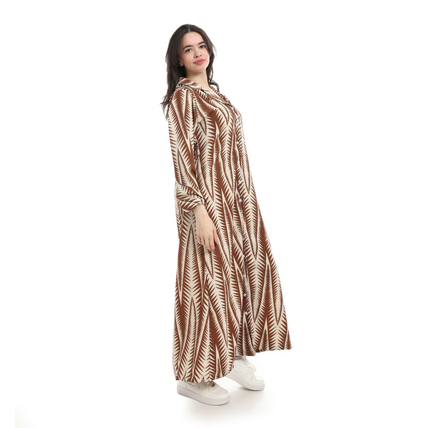 Printed_Pattern_With_Long_Sleeve_Dress_-_Camel_&_Beige – Andora