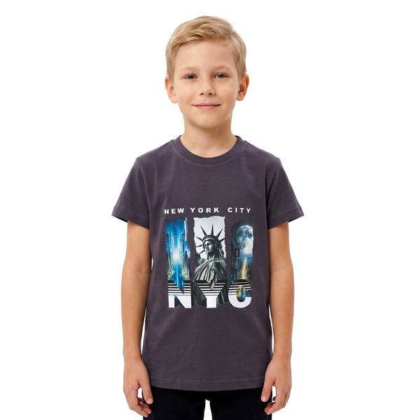 "NYC"_Printed_Slip_On_Boys_T-Shirt_-_Dark_Grey
