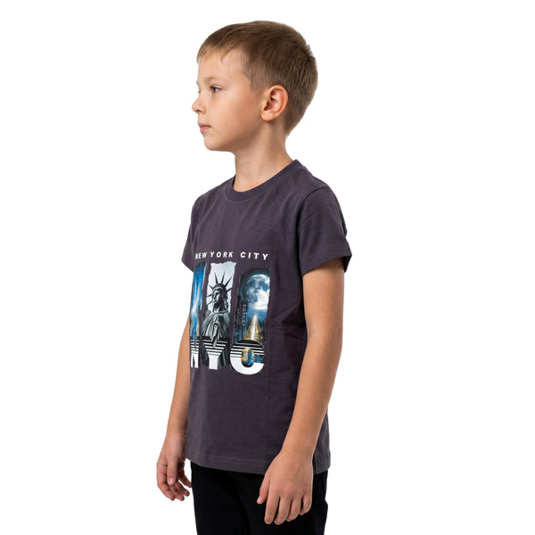 "NYC"_Printed_Slip_On_Boys_T-Shirt_-_Dark_Grey