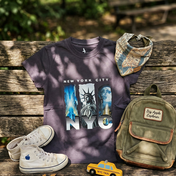 "NYC"_Printed_Slip_On_Boys_T-Shirt_-_Dark_Grey