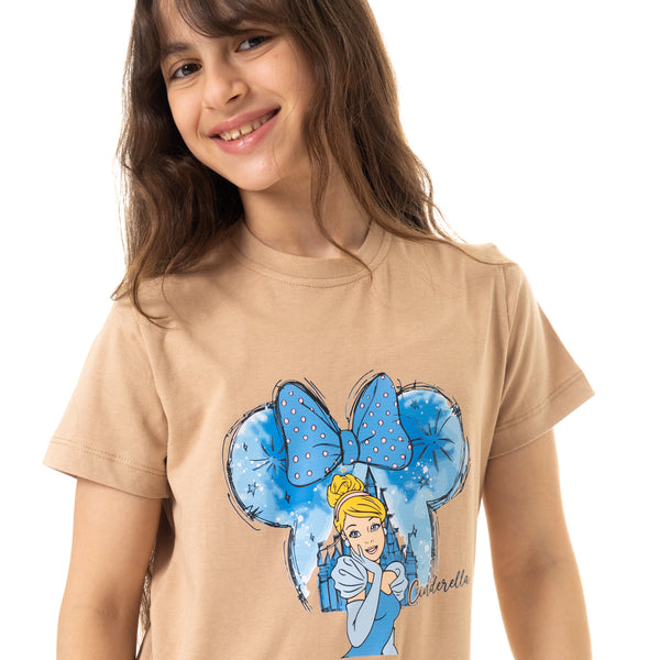 "Cinderella"_Print_Slip_On_Cotton_Girls_T-Shirt_-_Beige