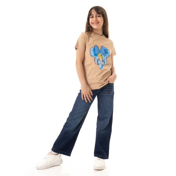 "Cinderella"_Print_Slip_On_Cotton_Girls_T-Shirt_-_Beige