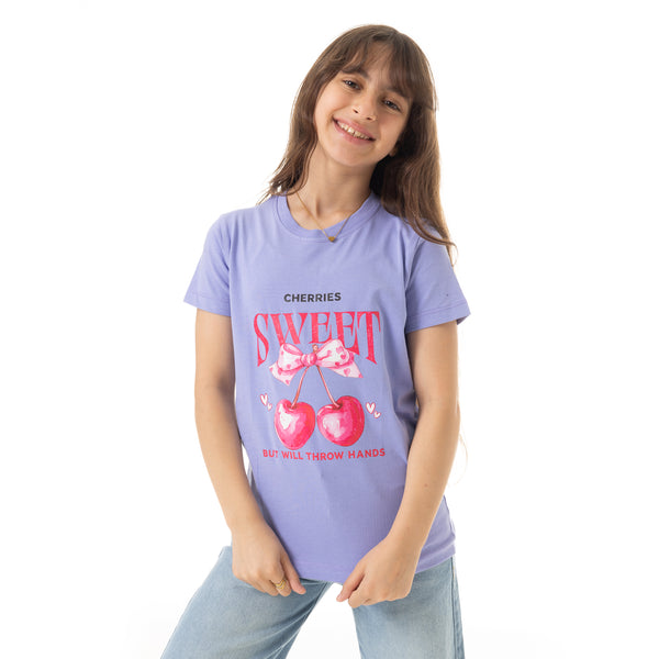 "Sweet"_Printed_Cotton_Slip_On_Girls_T-Shirt_-_Lavender