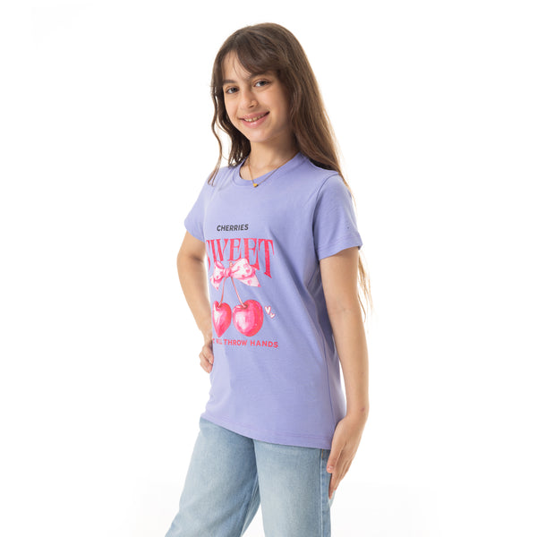 "Sweet"_Printed_Cotton_Slip_On_Girls_T-Shirt_-_Lavender