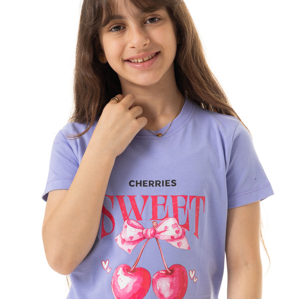 "Sweet"_Printed_Cotton_Slip_On_Girls_T-Shirt_-_Lavender