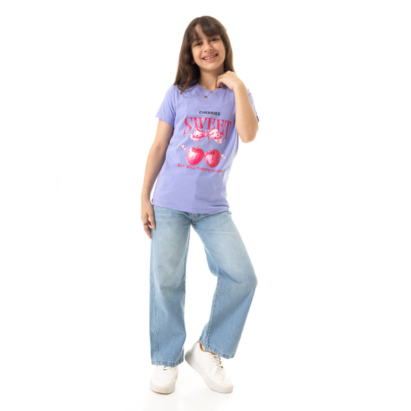 "Sweet"_Printed_Cotton_Slip_On_Girls_T-Shirt_-_Lavender