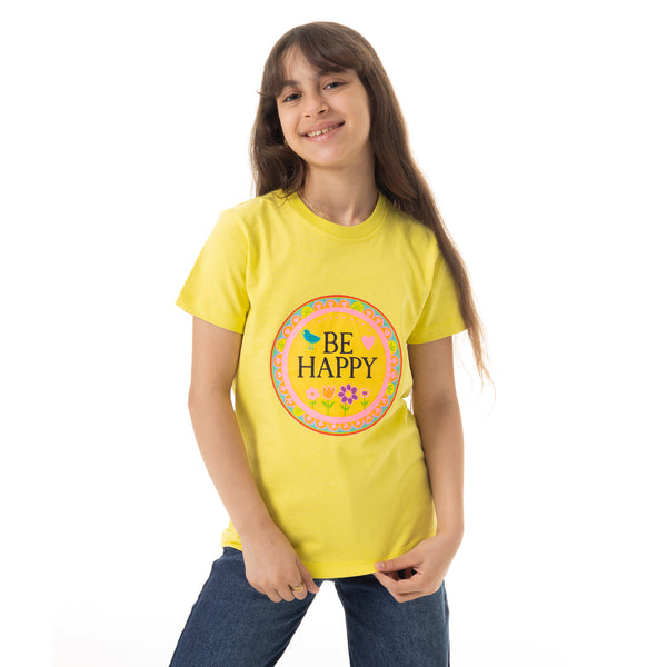 "Be_Happy"_Printed_Pattern_Cotton_Girls_T-Shirt_-_Yellow