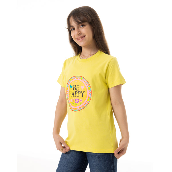 "Be_Happy"_Printed_Pattern_Cotton_Girls_T-Shirt_-_Yellow
