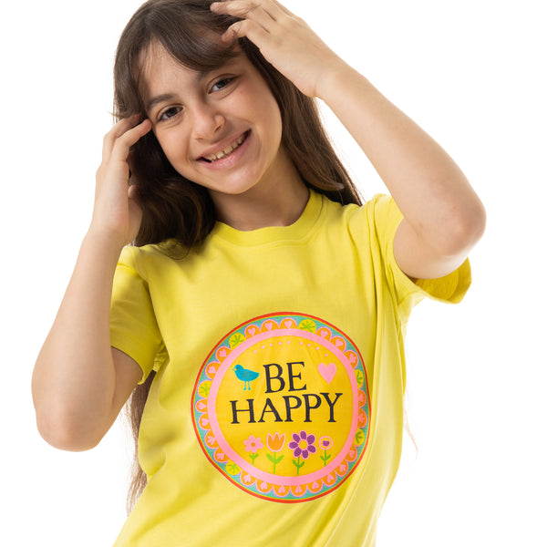"Be_Happy"_Printed_Pattern_Cotton_Girls_T-Shirt_-_Yellow