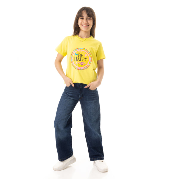 "Be_Happy"_Printed_Pattern_Cotton_Girls_T-Shirt_-_Yellow