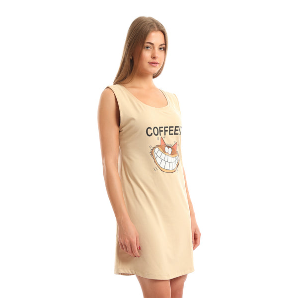 Printed_"Coffee"_Sleeveless_Cotton_Nightshirt_-_Beige
