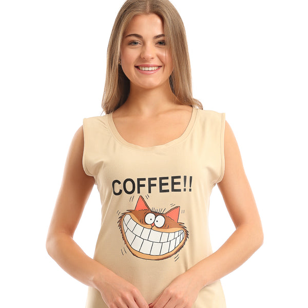 Printed_"Coffee"_Sleeveless_Cotton_Nightshirt_-_Beige
