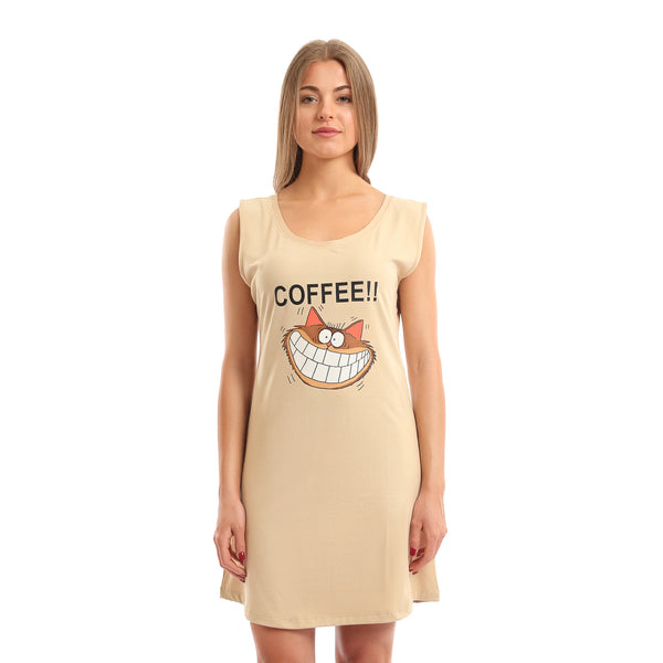 Printed_"Coffee"_Sleeveless_Cotton_Nightshirt_-_Beige