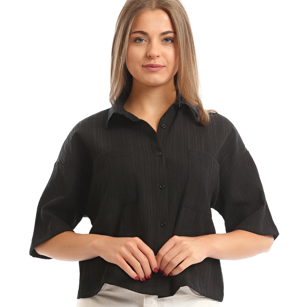 Elbow-Sleeves_Textured_Short_Shirt_with_Pockets_-_Black