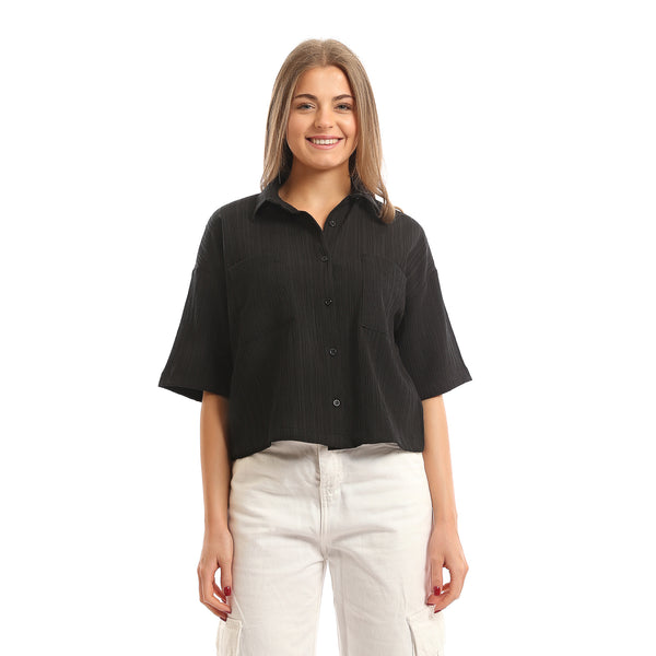 Elbow-Sleeves_Textured_Short_Shirt_with_Pockets_-_Black