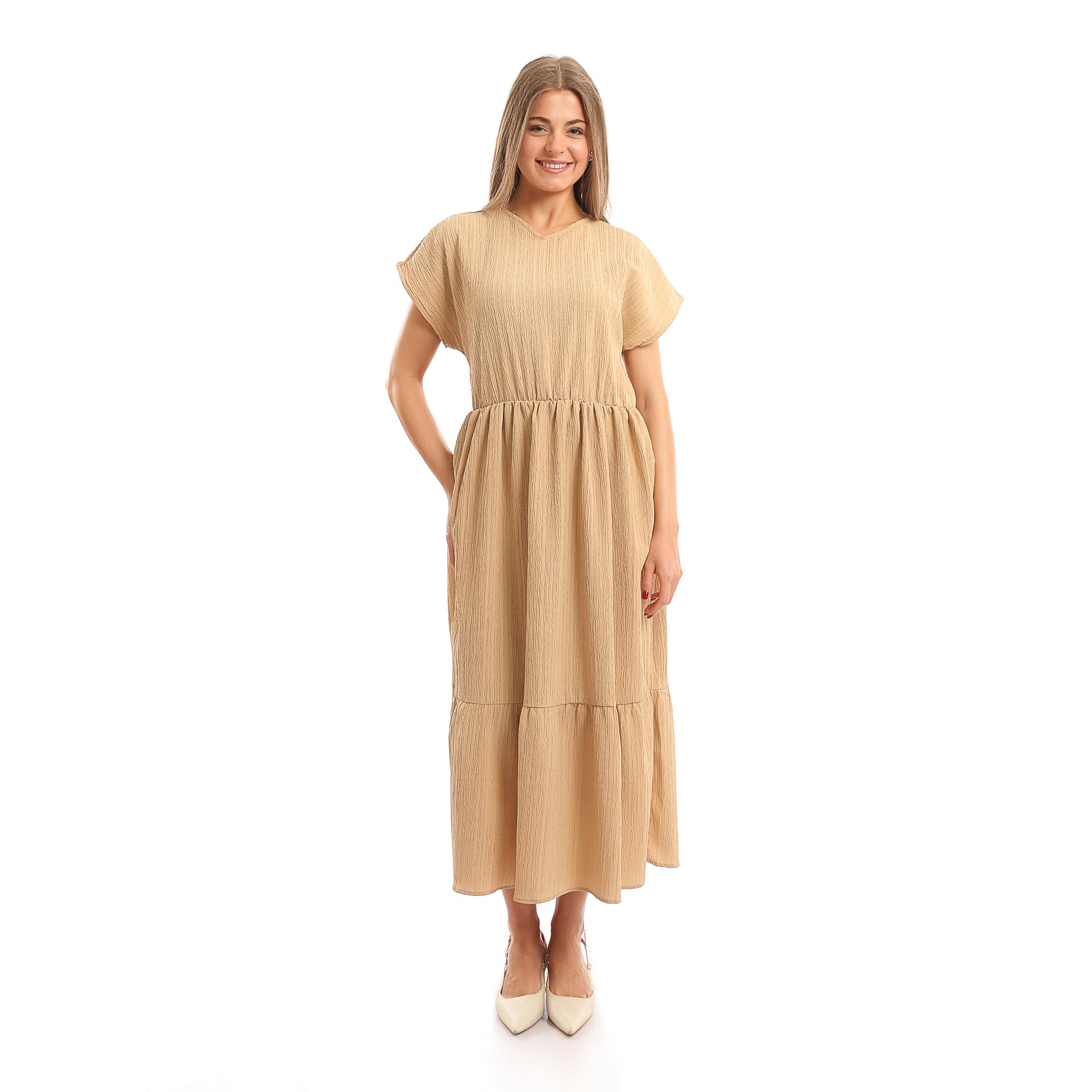 V-Neck_Short_Sleeves_Tiered_Maxi_Dress_-_Dark_Beige