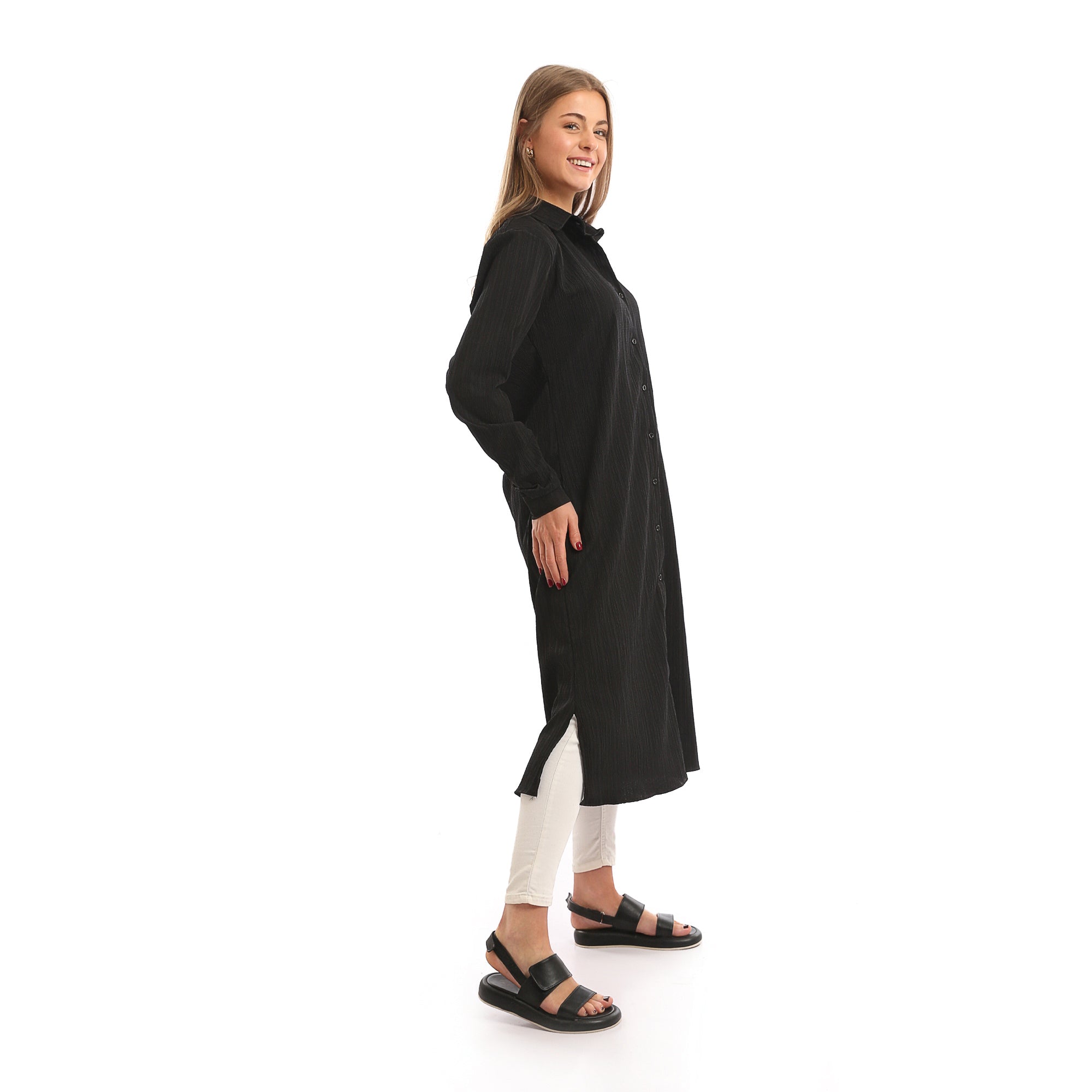 Long_Sleeves_Textured_Long_Shirt_with_Small_Slit_-_Black