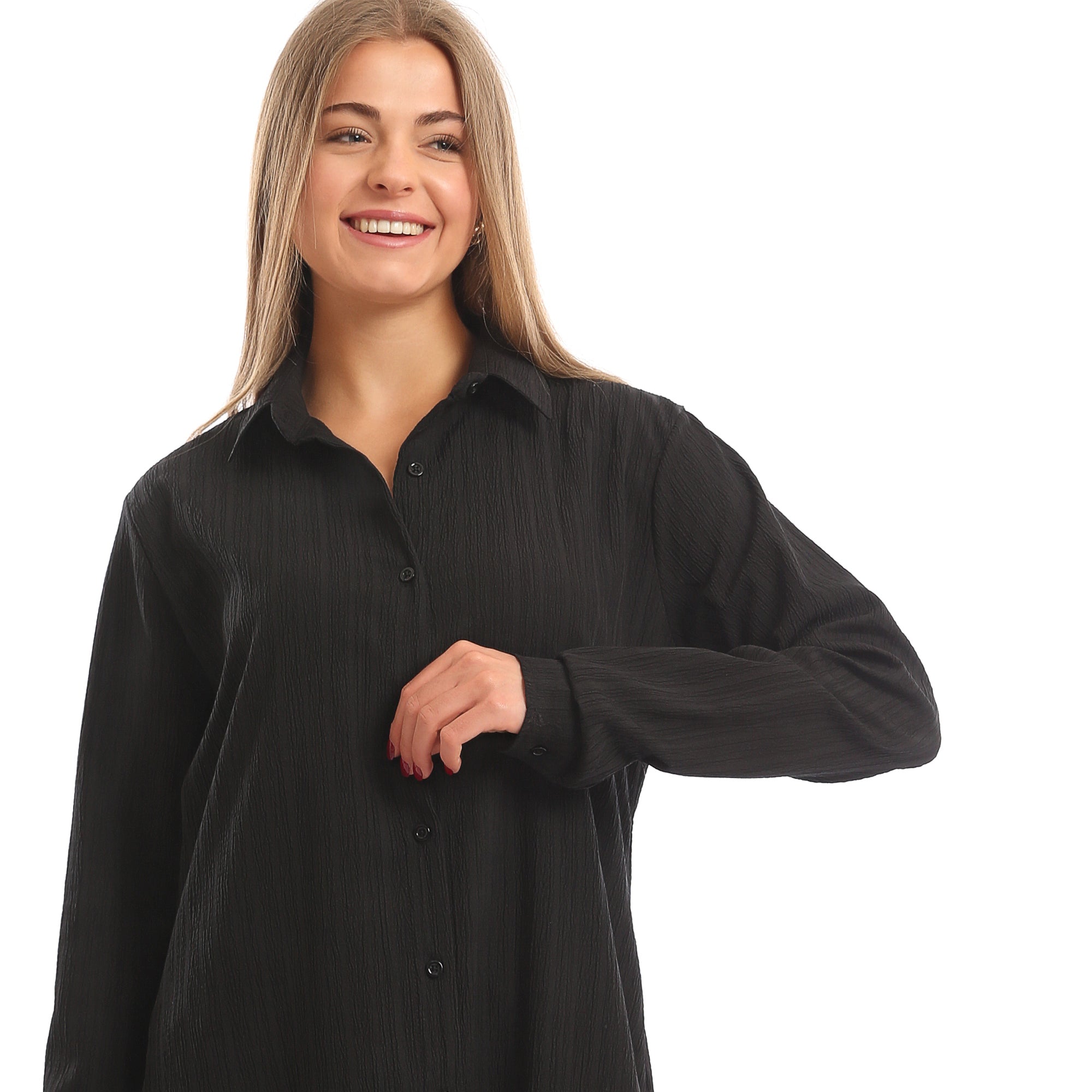 Long_Sleeves_Textured_Long_Shirt_with_Small_Slit_-_Black