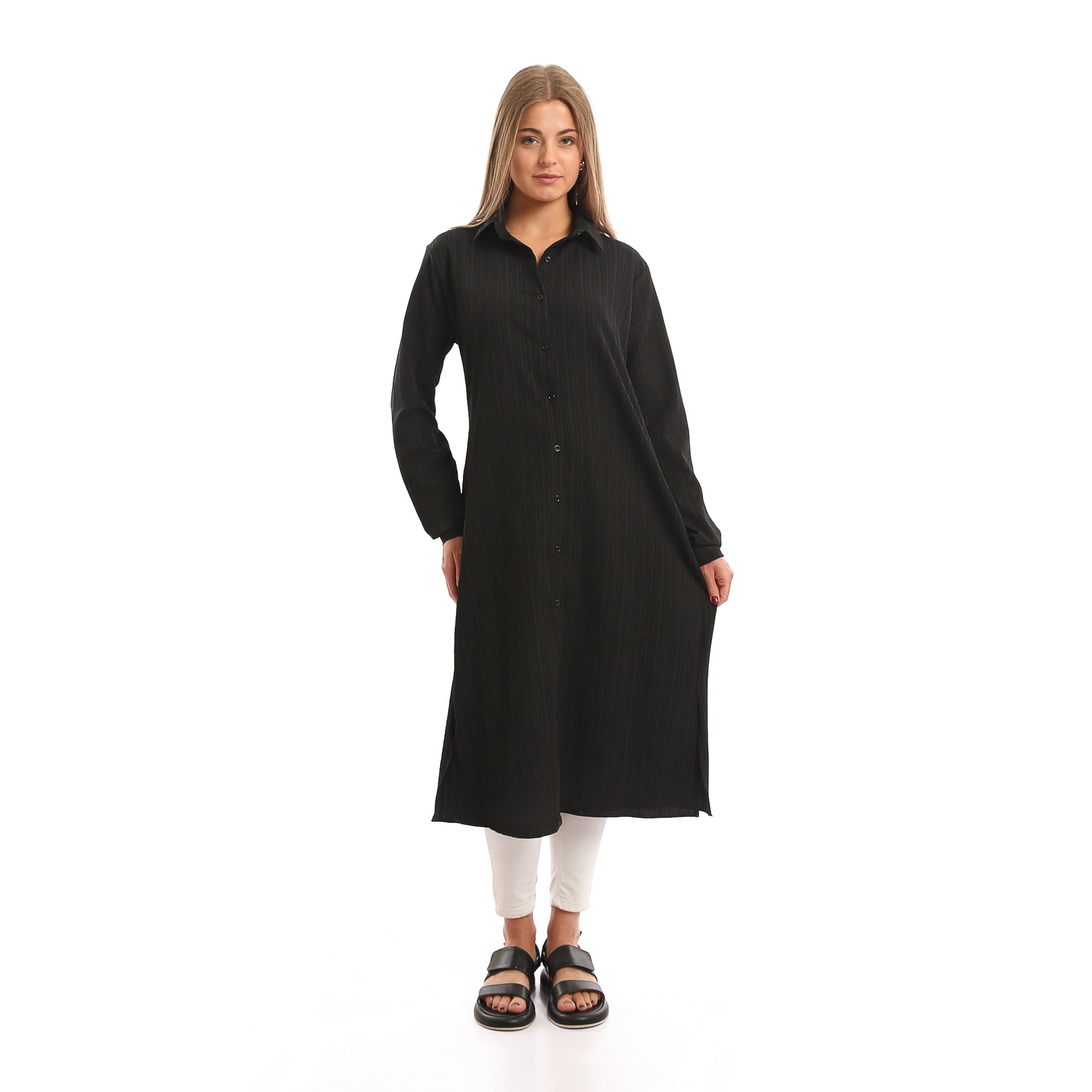 Long_Sleeves_Textured_Long_Shirt_with_Small_Slit_-_Black
