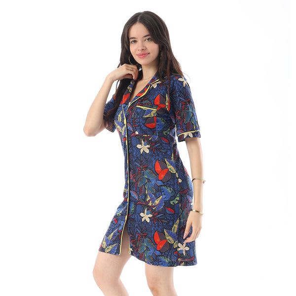 Self Pattern Buttons Closure Sleepshirt - Blue, Red, and Yellow