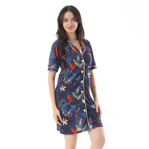 Self Pattern Buttons Closure Sleepshirt - Blue, Red, and Yellow