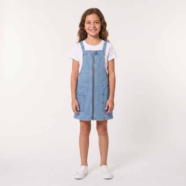 Sleeveless Square Neckline Zipped Girls Denim Dress - Light Blue