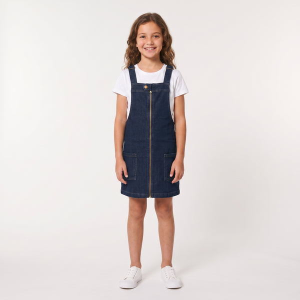 Sleeveless Square Neckline Zipped Girls Denim Dress - Dark Blue