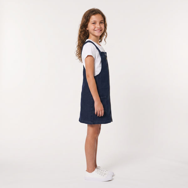 Sleeveless Square Neckline Zipped Girls Denim Dress - Dark Blue