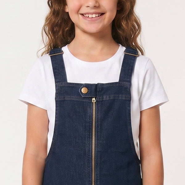Sleeveless Square Neckline Zipped Girls Denim Dress - Dark Blue