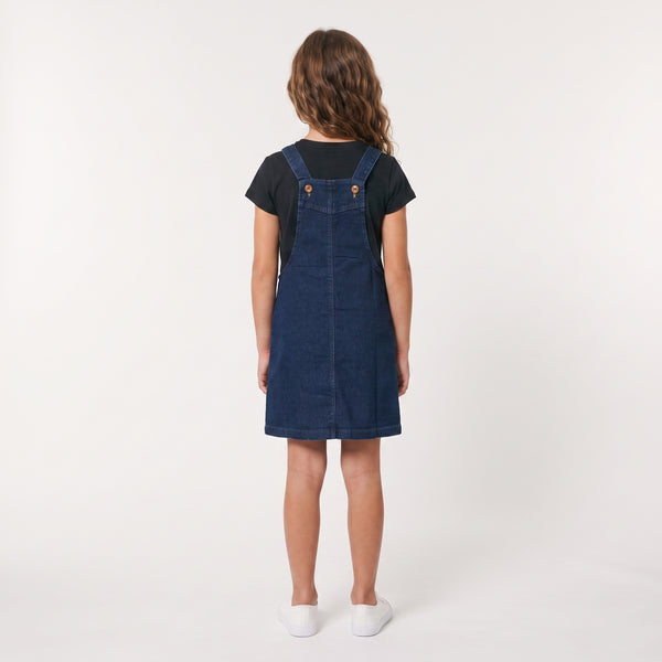 Sleeveless Square Neckline Zipped Girls Denim Dress - Dark Blue