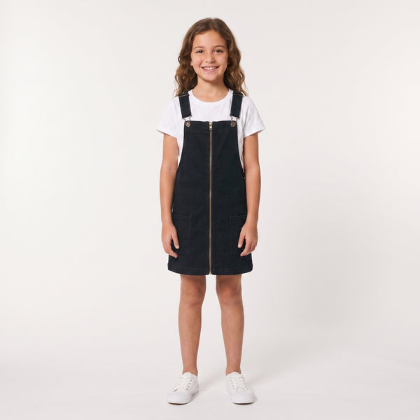 Sleeveless Square Neckline Zipped Girls Denim Dress - Black
