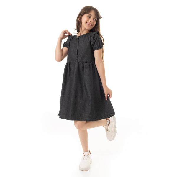 Puffed_Sleeves_Girls_Denim_Dress_-_Black