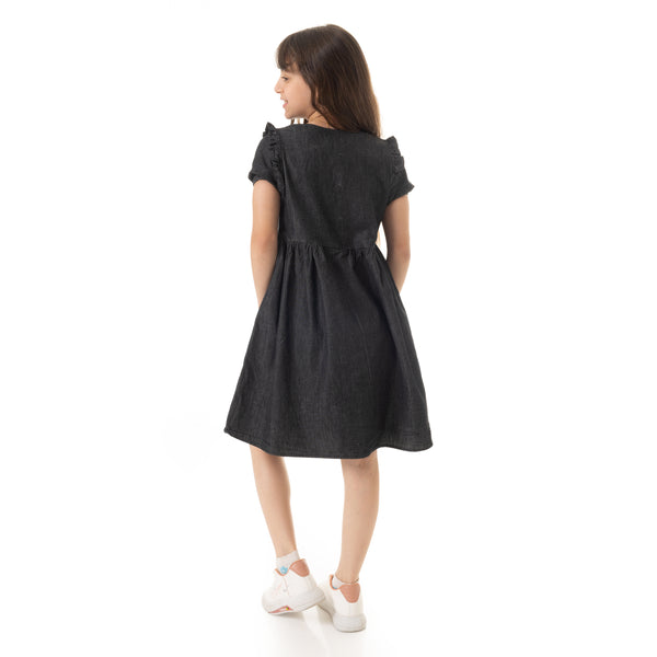 Puffed_Sleeves_Girls_Denim_Dress_-_Black