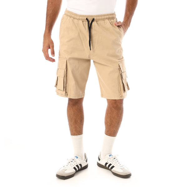 Elastic Waist With Drawstring Gabardine Cargo Shorts - Beige