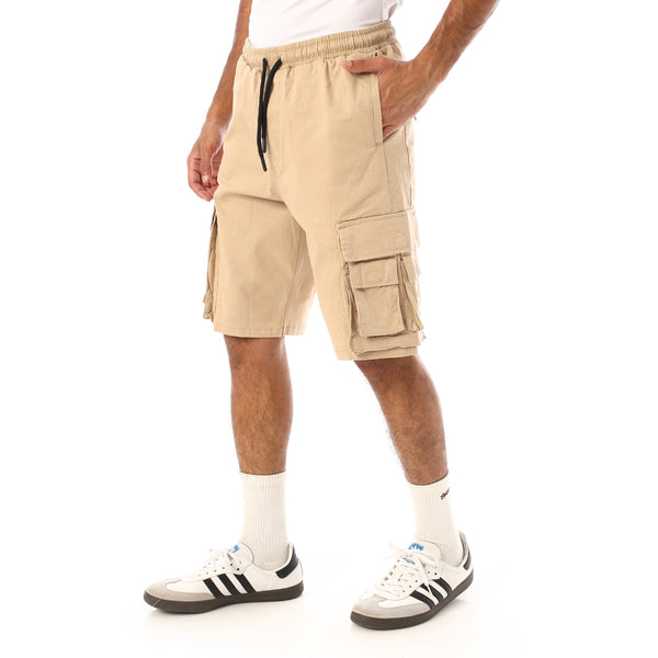Elastic Waist With Drawstring Gabardine Cargo Shorts - Beige
