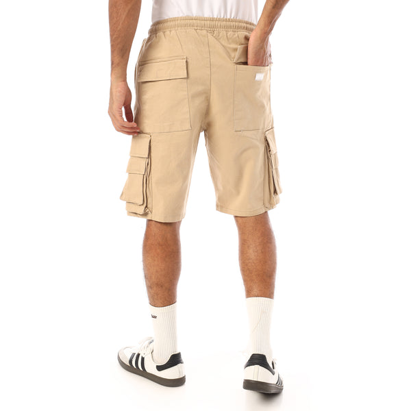 Elastic Waist With Drawstring Gabardine Cargo Shorts - Beige