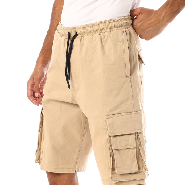 Elastic Waist With Drawstring Gabardine Cargo Shorts - Beige