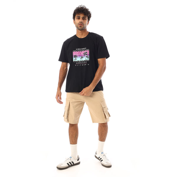 Elastic Waist With Drawstring Gabardine Cargo Shorts - Beige