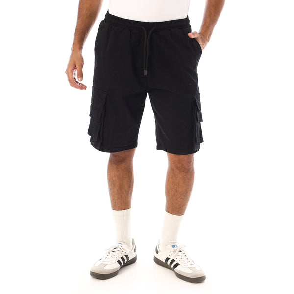 Elastic Waist With Drawstring Gabardine Cargo Shorts - Black