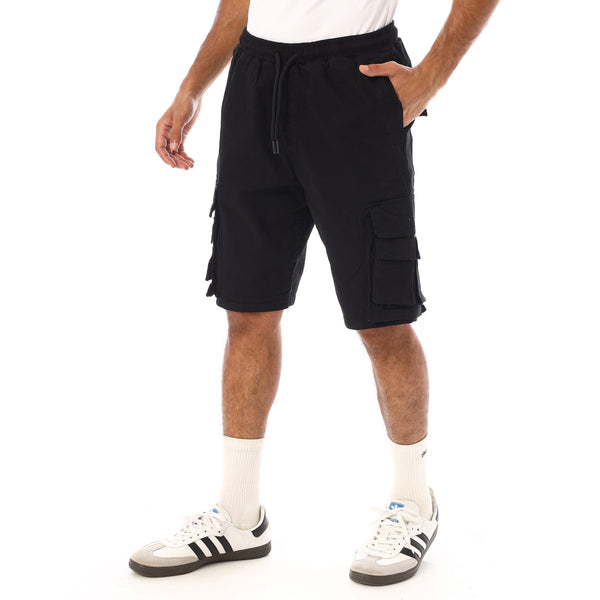 Elastic Waist With Drawstring Gabardine Cargo Shorts - Black