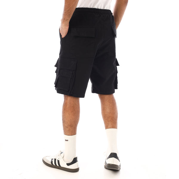 Elastic Waist With Drawstring Gabardine Cargo Shorts - Black