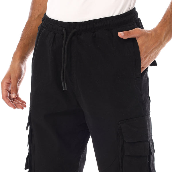 Elastic Waist With Drawstring Gabardine Cargo Shorts - Black