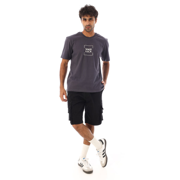 Elastic Waist With Drawstring Gabardine Cargo Shorts - Black