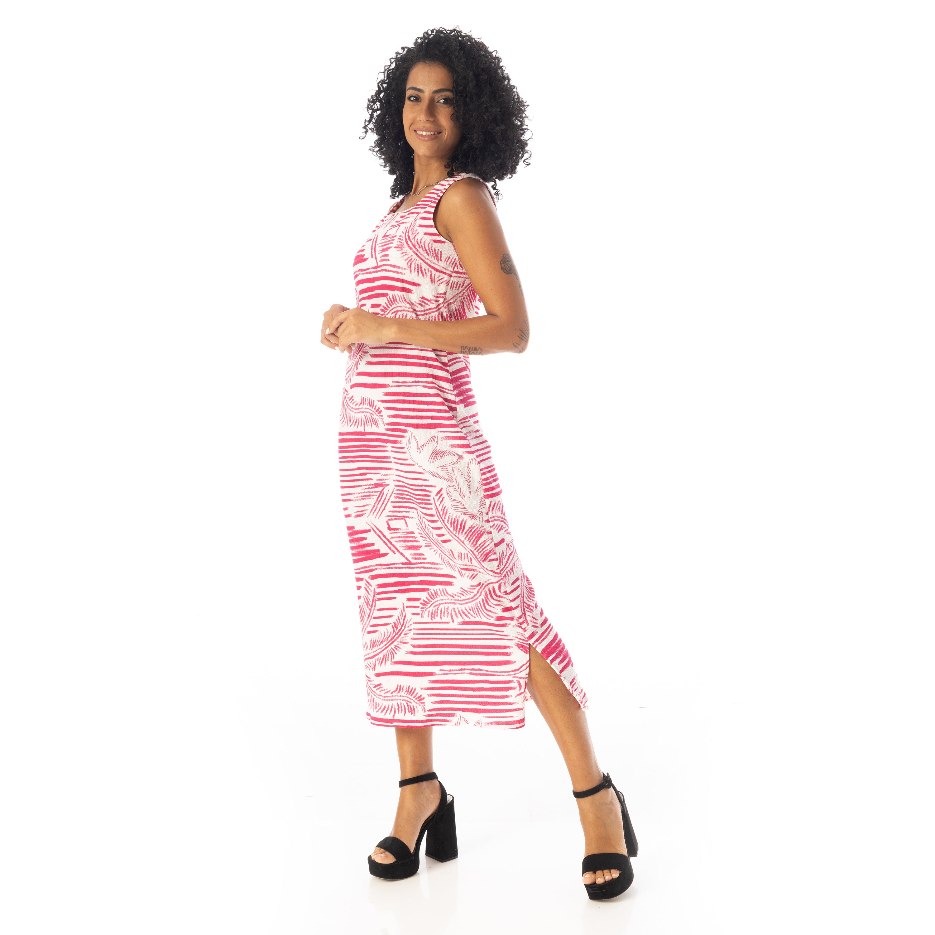 Self_Pattern_Round_Collar_Sleeveless_Dress_-_Fuchsia_&_White