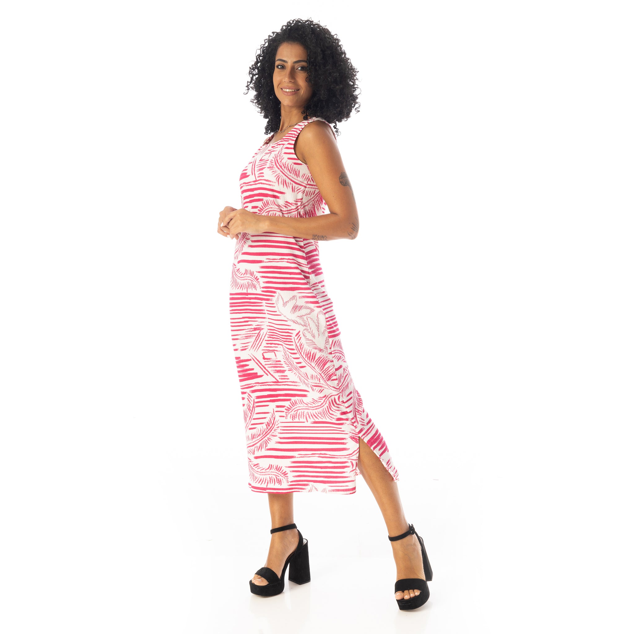 Self_Pattern_Round_Collar_Sleeveless_Dress_-_Fuchsia_&_White